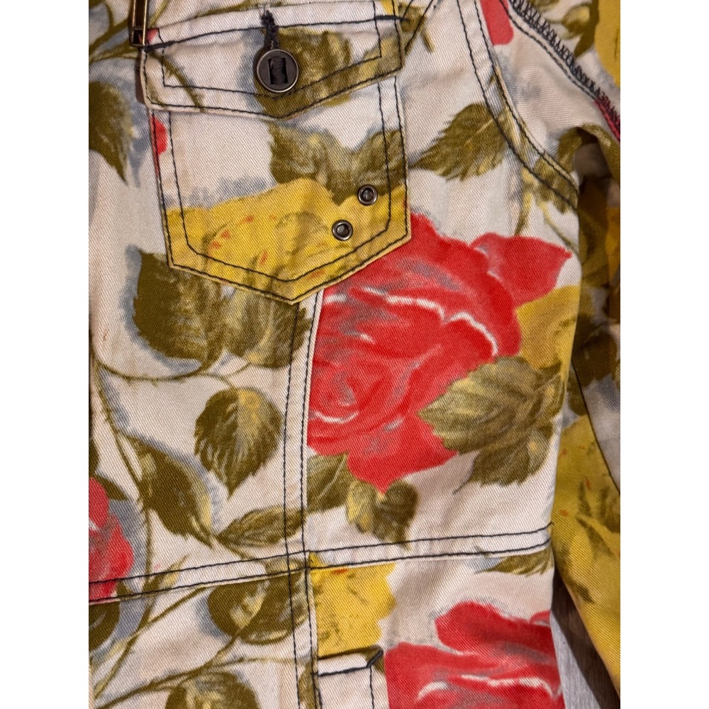 Hurley Womens Floral Denim Jacket Red Yellow Rose Double Breasted Utility Coat L - Picture 2 of 6